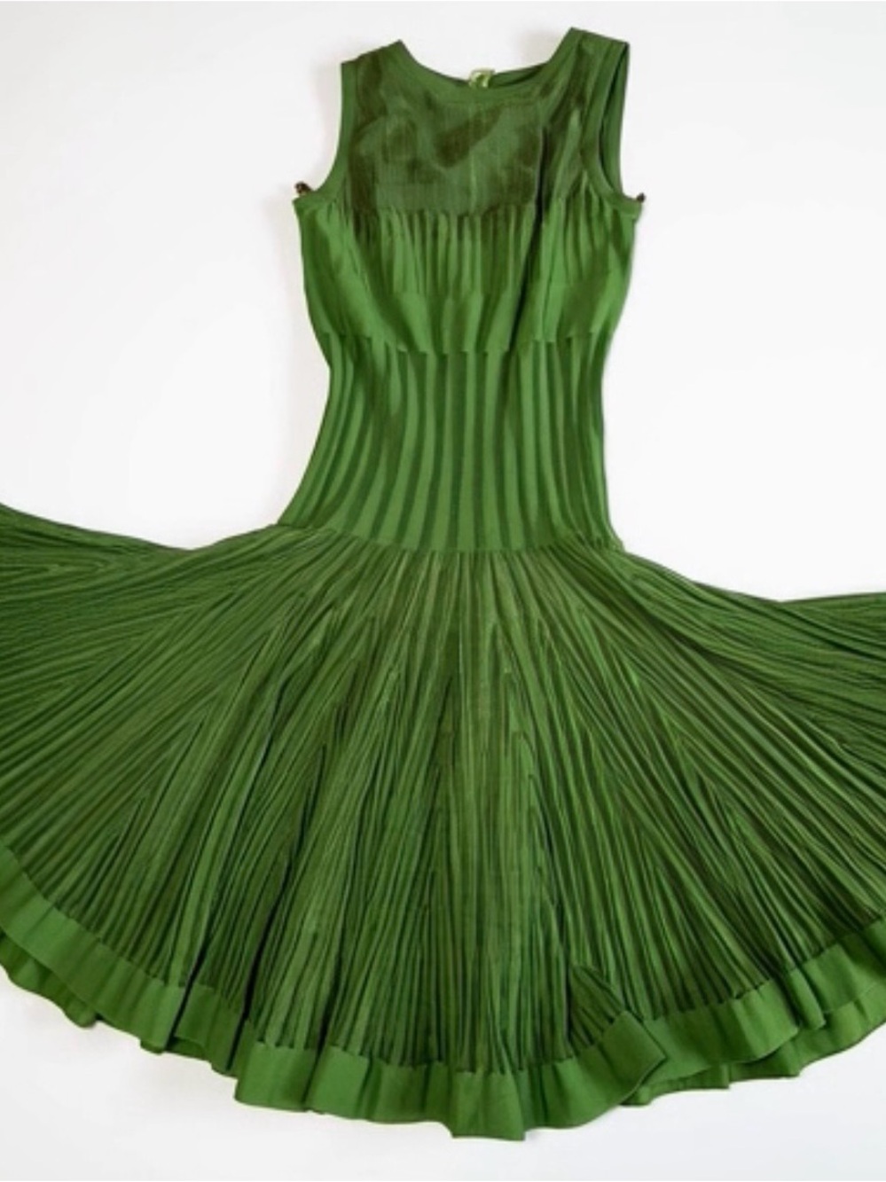 Alaia Olive-Green Pleated  Sleeveless Midi Dress